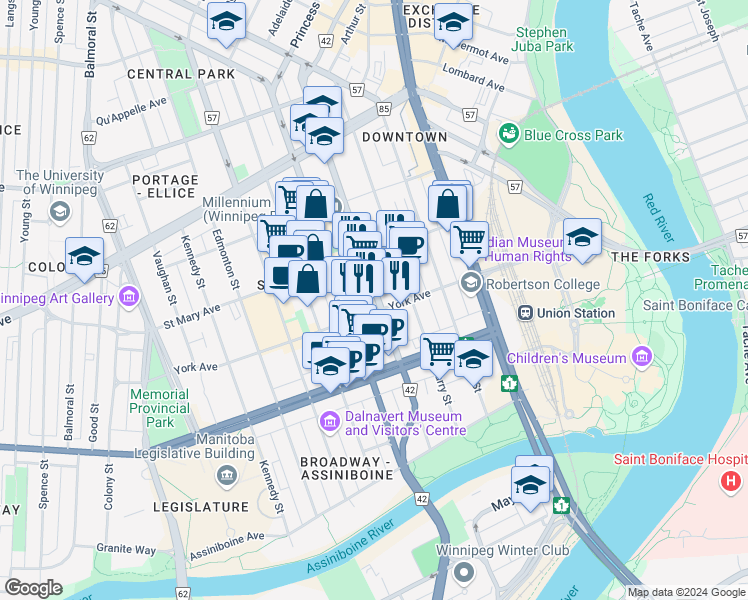 map of restaurants, bars, coffee shops, grocery stores, and more near 166 Smith Street in Winnipeg