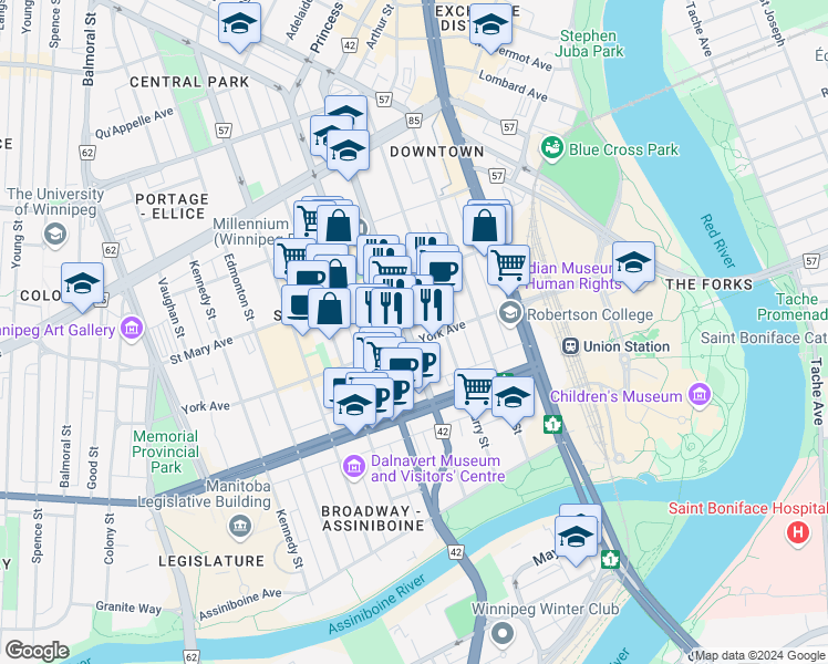 map of restaurants, bars, coffee shops, grocery stores, and more near 155 Smith Street in Winnipeg