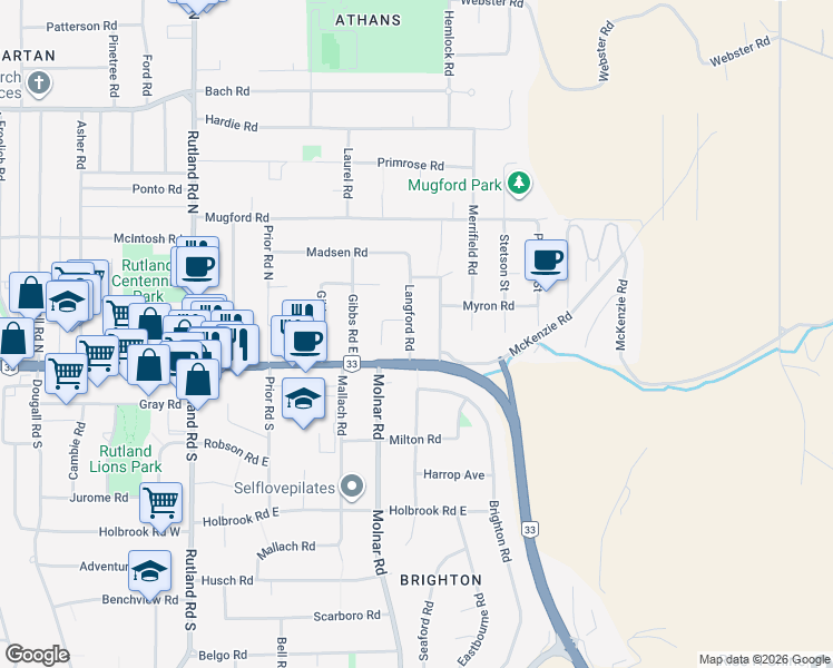 map of restaurants, bars, coffee shops, grocery stores, and more near 155 Langford Road in Kelowna