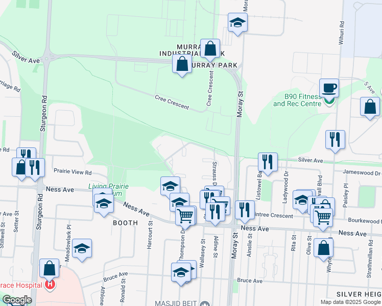 map of restaurants, bars, coffee shops, grocery stores, and more near 130 Strauss Drive in Winnipeg