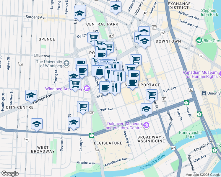 map of restaurants, bars, coffee shops, grocery stores, and more near 203 Kennedy Street in Winnipeg