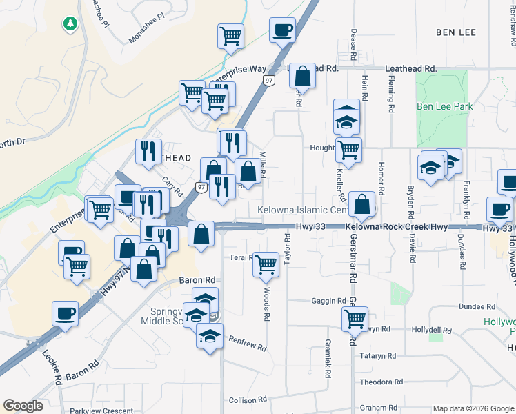 map of restaurants, bars, coffee shops, grocery stores, and more near in Kelowna