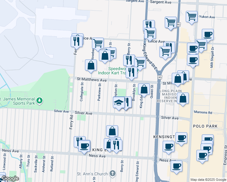 map of restaurants, bars, coffee shops, grocery stores, and more near 484 Hampton Street in Winnipeg