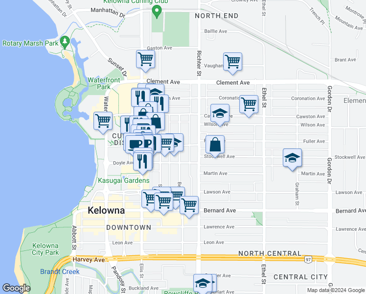 map of restaurants, bars, coffee shops, grocery stores, and more near 615 Fuller Avenue in Kelowna