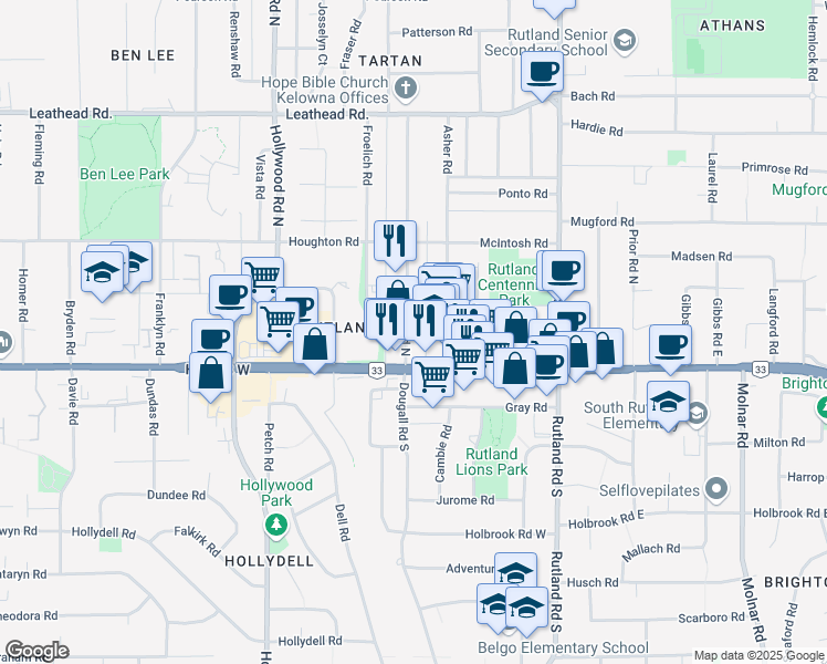 map of restaurants, bars, coffee shops, grocery stores, and more near 165 Dougall Road North in Kelowna
