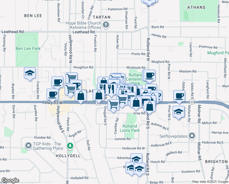 map of restaurants, bars, coffee shops, grocery stores, and more near in Kelowna
