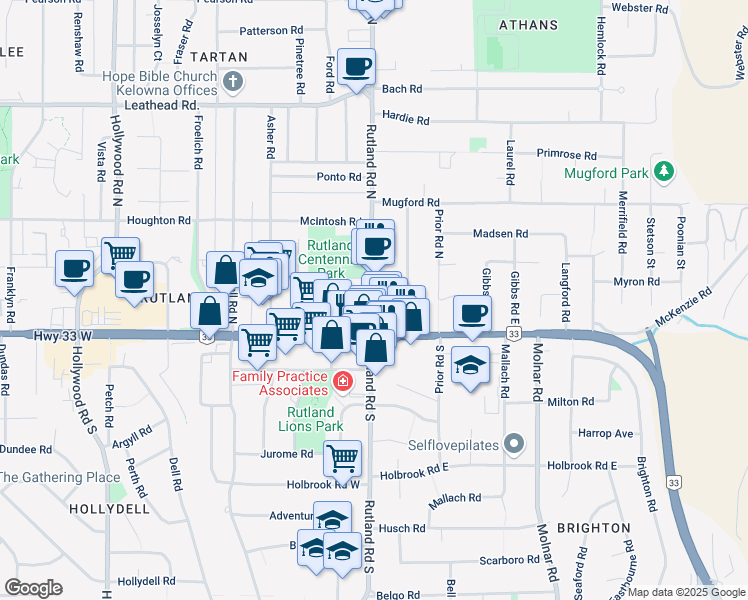 map of restaurants, bars, coffee shops, grocery stores, and more near 177 Rutland Road North in Kelowna