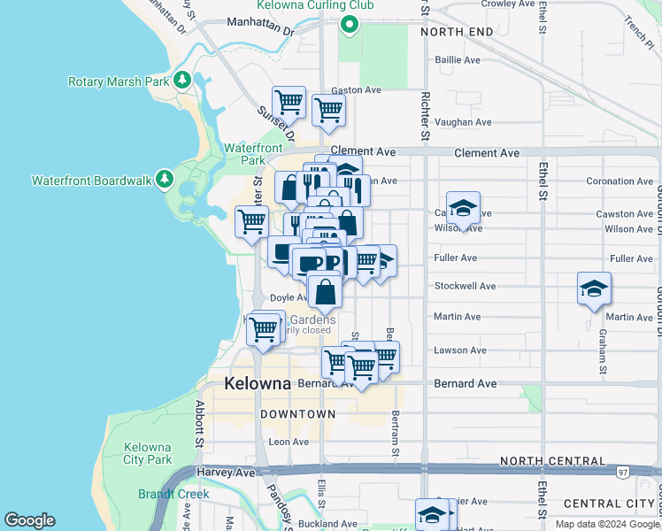 map of restaurants, bars, coffee shops, grocery stores, and more near 1353 Ellis Street in Kelowna
