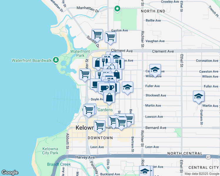 map of restaurants, bars, coffee shops, grocery stores, and more near 1353 Ellis Street in Kelowna