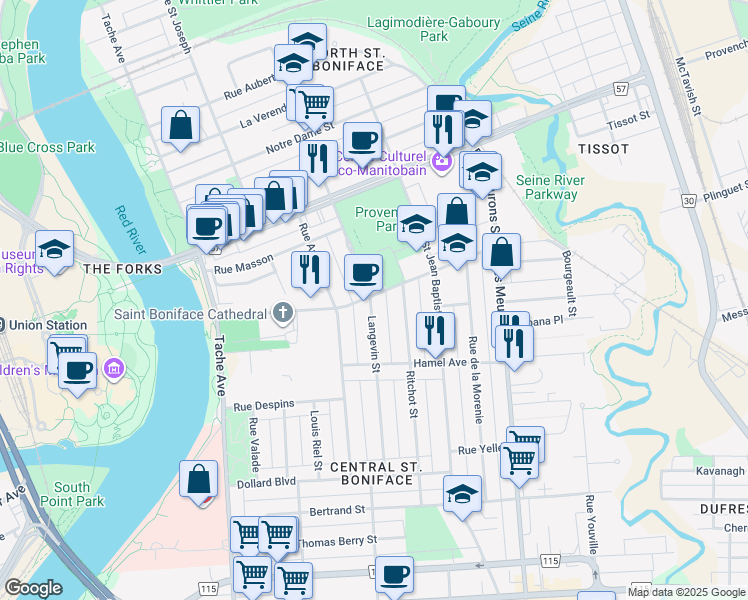 map of restaurants, bars, coffee shops, grocery stores, and more near 254 Avenue de la Cathedrale in Winnipeg