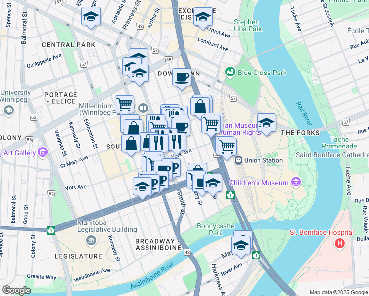 map of restaurants, bars, coffee shops, grocery stores, and more near 155 Garry Street in Winnipeg
