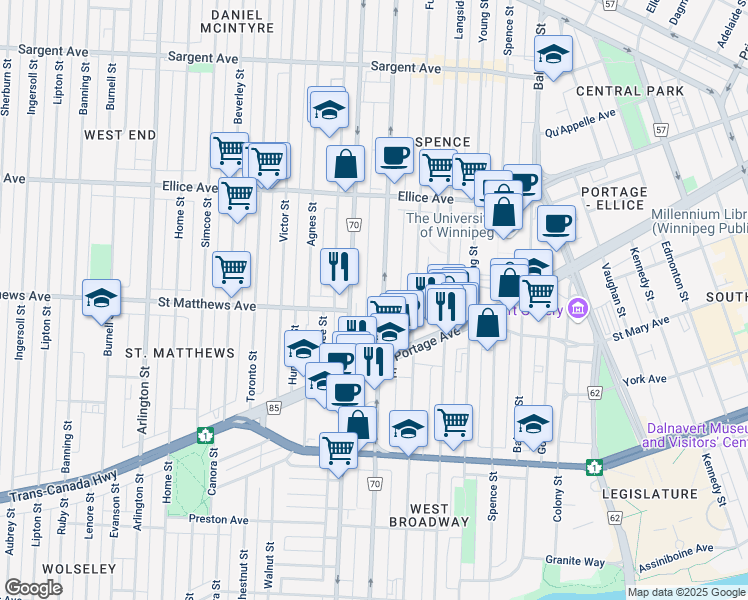 map of restaurants, bars, coffee shops, grocery stores, and more near 370 Sherbrook Street in Winnipeg
