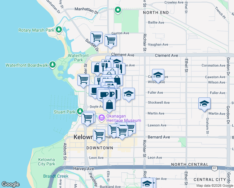 map of restaurants, bars, coffee shops, grocery stores, and more near 1353 Ellis Street in Kelowna