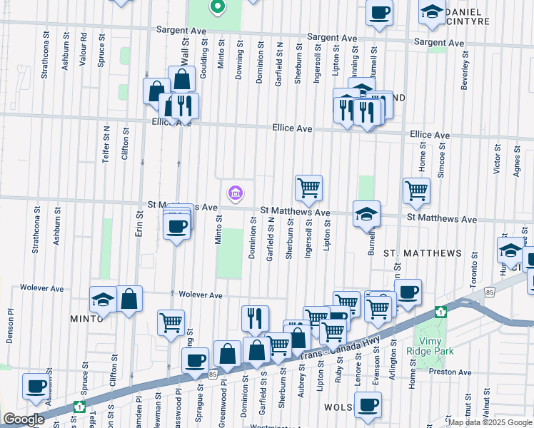 map of restaurants, bars, coffee shops, grocery stores, and more near 690 Garfield Street North in Winnipeg