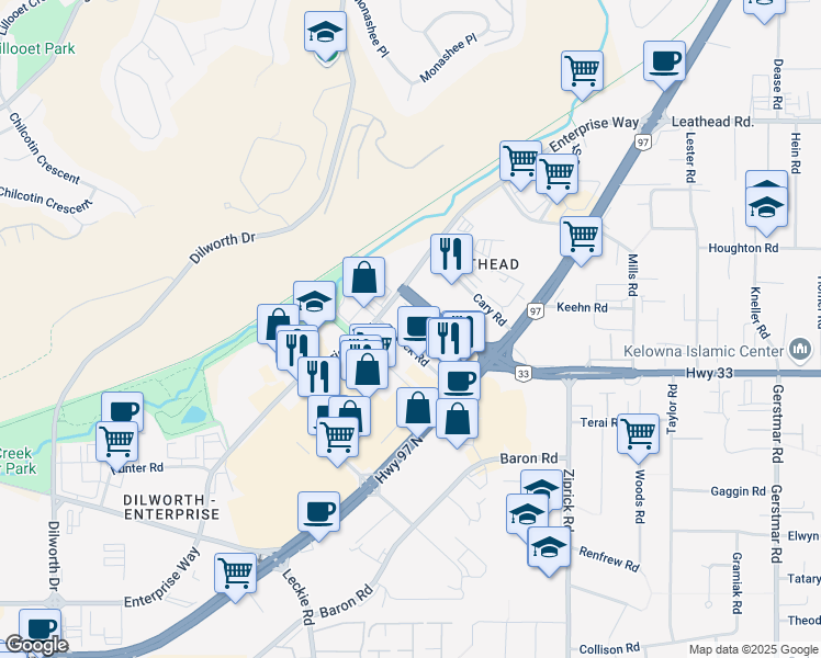 map of restaurants, bars, coffee shops, grocery stores, and more near 1690 Powick Road in Kelowna