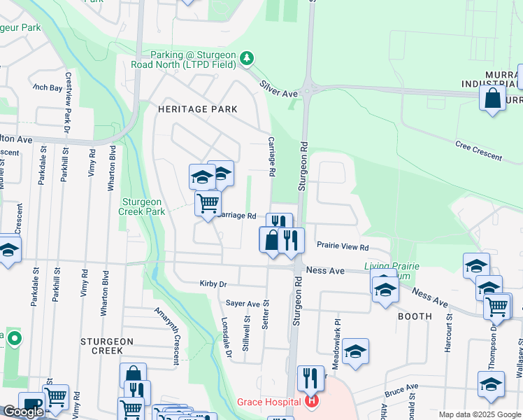 map of restaurants, bars, coffee shops, grocery stores, and more near 85 Carriage Road in Winnipeg