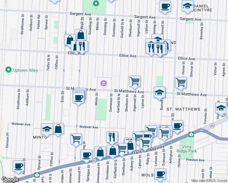 map of restaurants, bars, coffee shops, grocery stores, and more near 956 Saint Matthews Avenue in Winnipeg