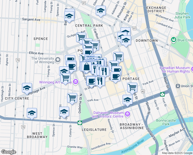 map of restaurants, bars, coffee shops, grocery stores, and more near 203 Kennedy Street in Winnipeg