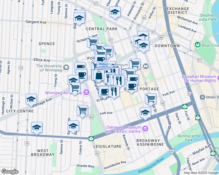 map of restaurants, bars, coffee shops, grocery stores, and more near 203 Kennedy Street in Winnipeg
