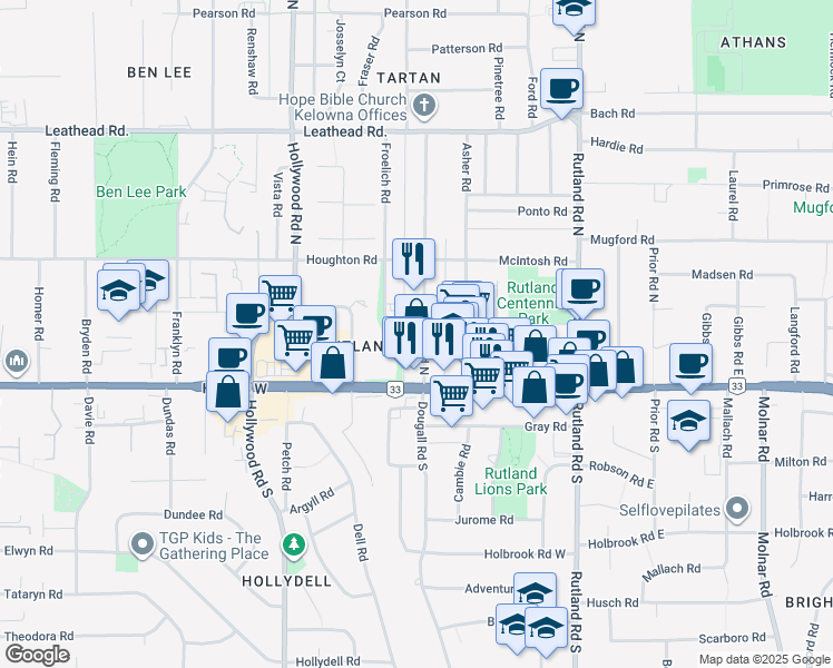 map of restaurants, bars, coffee shops, grocery stores, and more near 165 Dougall Road North in Kelowna
