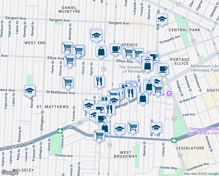 map of restaurants, bars, coffee shops, grocery stores, and more near 370 Sherbrook Street in Winnipeg