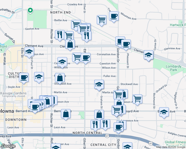 map of restaurants, bars, coffee shops, grocery stores, and more near 948 Fuller Avenue in Kelowna
