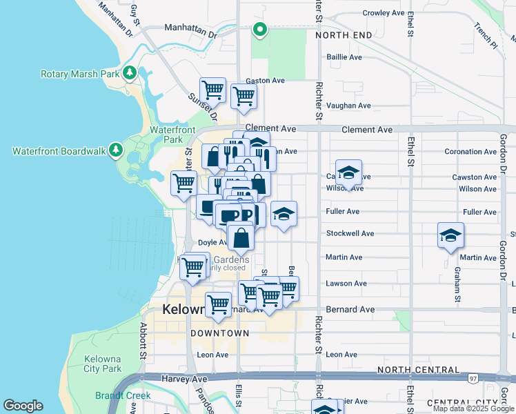 map of restaurants, bars, coffee shops, grocery stores, and more near 1353 Ellis Street in Kelowna