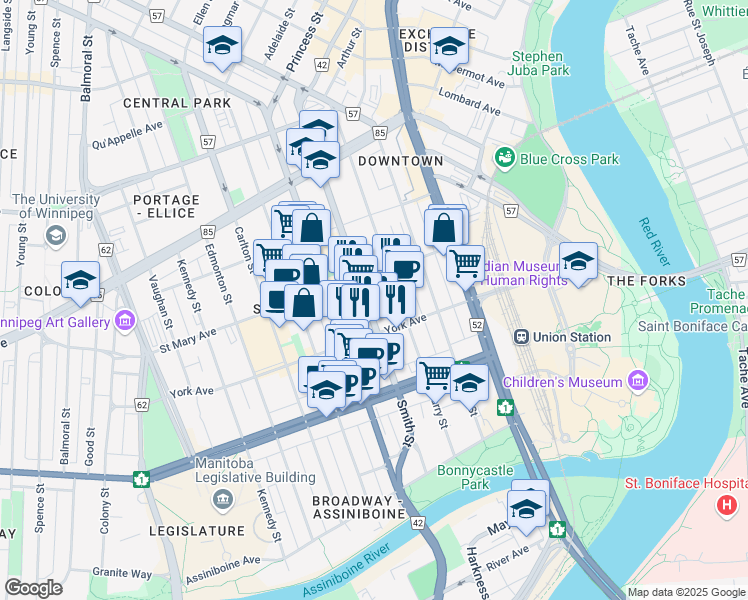 map of restaurants, bars, coffee shops, grocery stores, and more near in Winnipeg