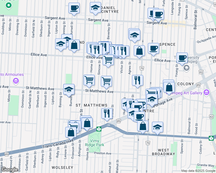 map of restaurants, bars, coffee shops, grocery stores, and more near 347 Beverley Street in Winnipeg