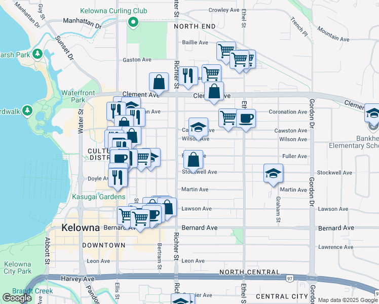 map of restaurants, bars, coffee shops, grocery stores, and more near 734 Fuller Avenue in Kelowna