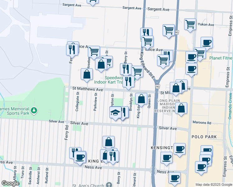 map of restaurants, bars, coffee shops, grocery stores, and more near 484 Hampton Street in Winnipeg