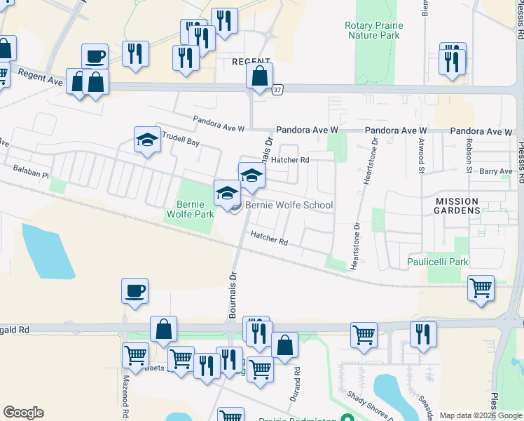 map of restaurants, bars, coffee shops, grocery stores, and more near 15 Hatcher Road in Winnipeg