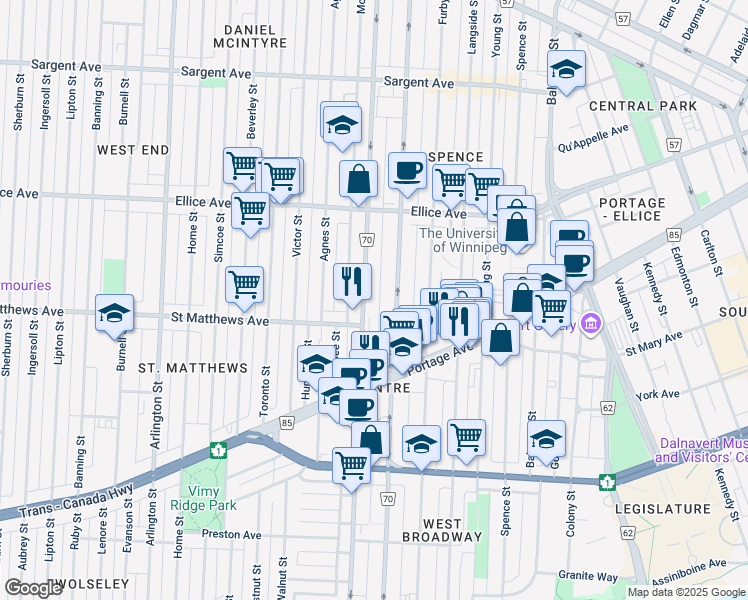 map of restaurants, bars, coffee shops, grocery stores, and more near 370 Sherbrook Street in Winnipeg