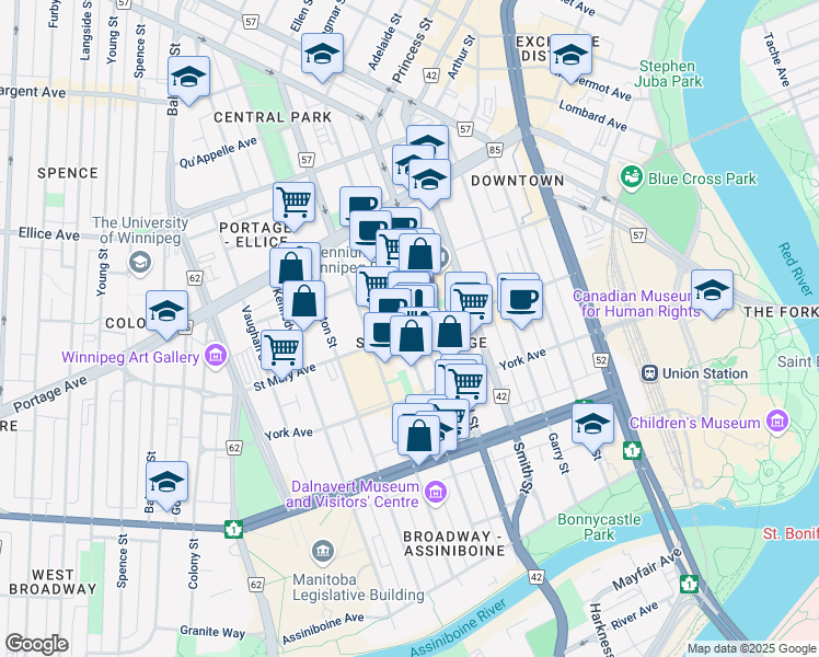 map of restaurants, bars, coffee shops, grocery stores, and more near 33 Saint Mary Avenue in Winnipeg
