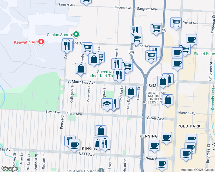 map of restaurants, bars, coffee shops, grocery stores, and more near 484 Hampton Street in Winnipeg
