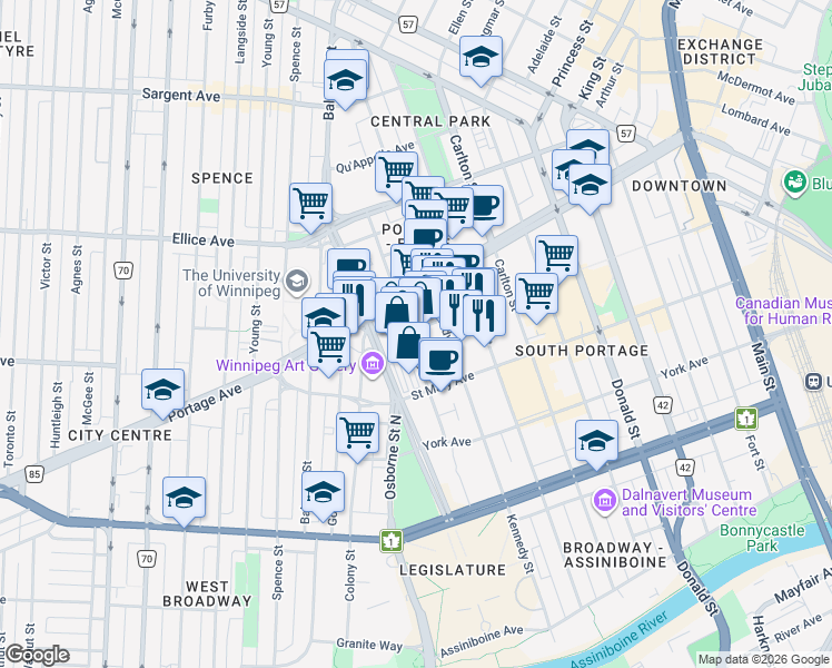 map of restaurants, bars, coffee shops, grocery stores, and more near 227 Vaughan Street in Winnipeg