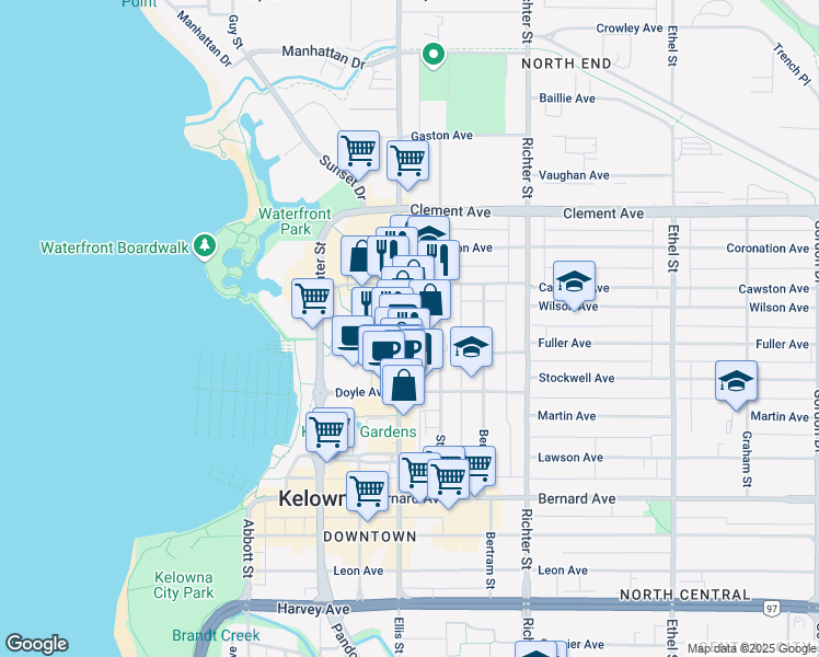 map of restaurants, bars, coffee shops, grocery stores, and more near 1353 Ellis Street in Kelowna