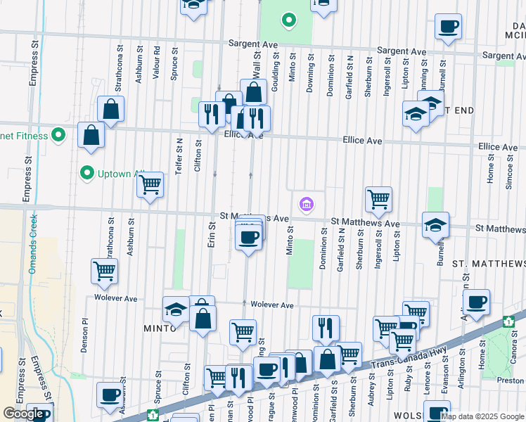 map of restaurants, bars, coffee shops, grocery stores, and more near 776 Goulding Street in Winnipeg