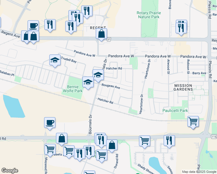 map of restaurants, bars, coffee shops, grocery stores, and more near 15 Hatcher Road in Winnipeg