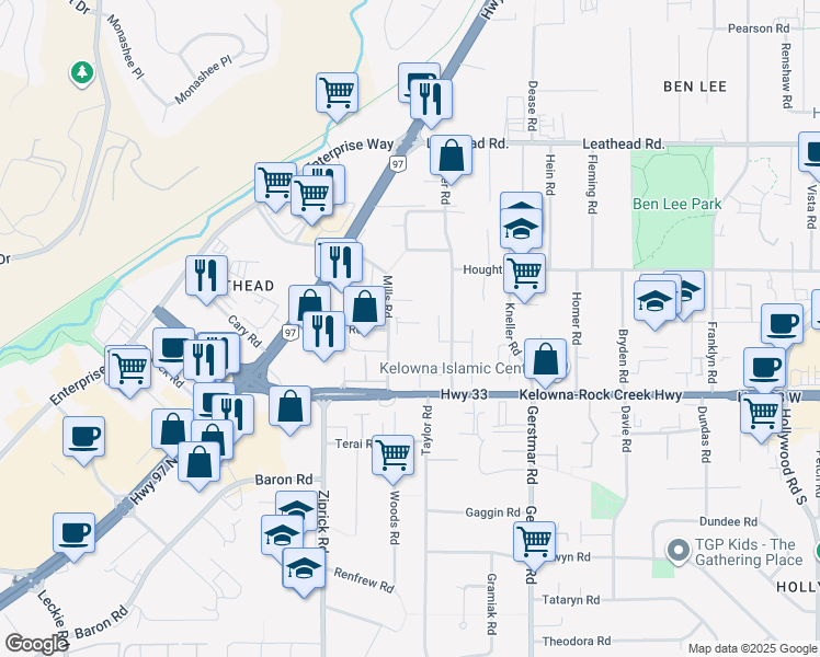 map of restaurants, bars, coffee shops, grocery stores, and more near 215 Mills Road in Kelowna