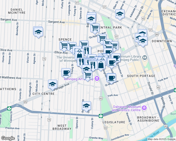 map of restaurants, bars, coffee shops, grocery stores, and more near 471 Portage Avenue in Winnipeg