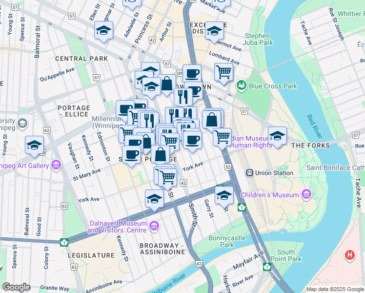 map of restaurants, bars, coffee shops, grocery stores, and more near 266 Garry Street in Winnipeg
