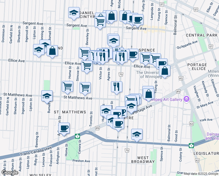 map of restaurants, bars, coffee shops, grocery stores, and more near 379 Agnes Street in Winnipeg