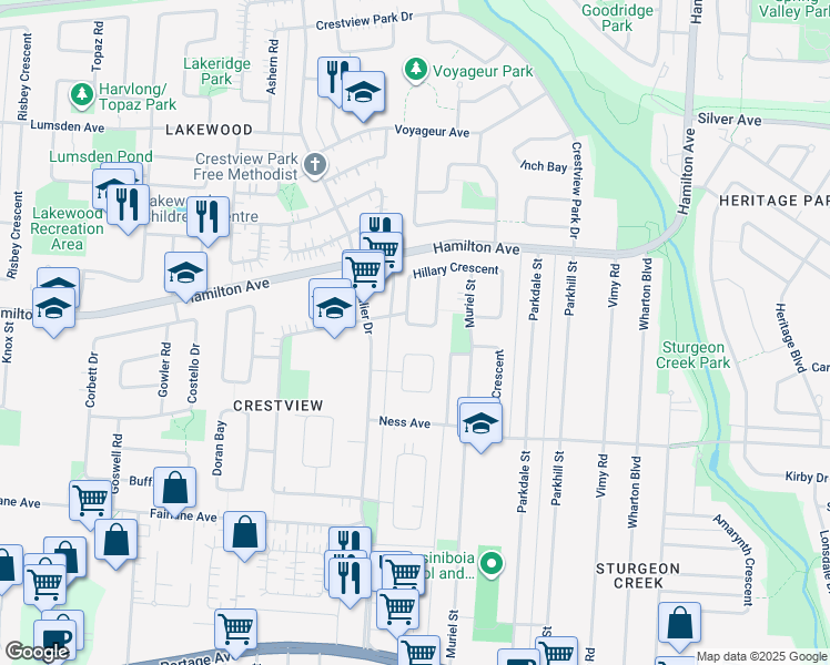 map of restaurants, bars, coffee shops, grocery stores, and more near 316 Hillary Bay in Winnipeg