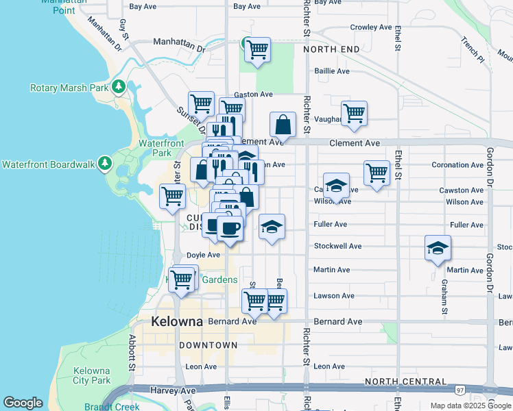 map of restaurants, bars, coffee shops, grocery stores, and more near 1327 Saint Paul Street in Kelowna