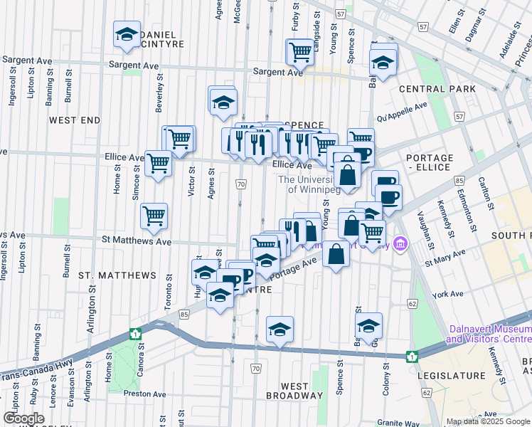 map of restaurants, bars, coffee shops, grocery stores, and more near in Winnipeg