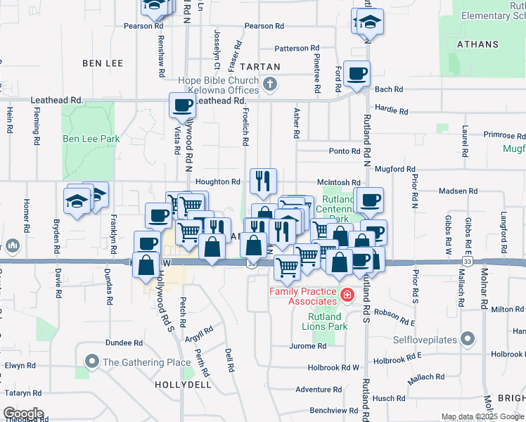 map of restaurants, bars, coffee shops, grocery stores, and more near 250 Dougall Road North in Kelowna