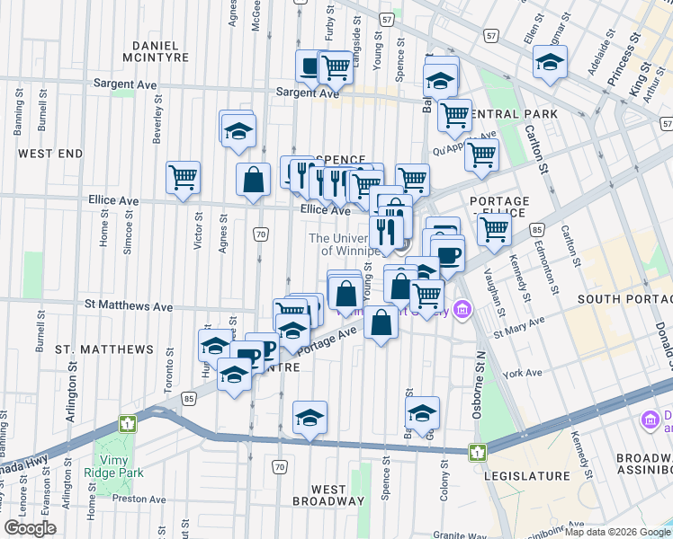 map of restaurants, bars, coffee shops, grocery stores, and more near 400 Langside Street in Winnipeg