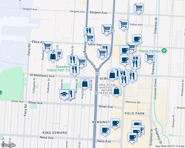 map of restaurants, bars, coffee shops, grocery stores, and more near 106 Century Street in Winnipeg