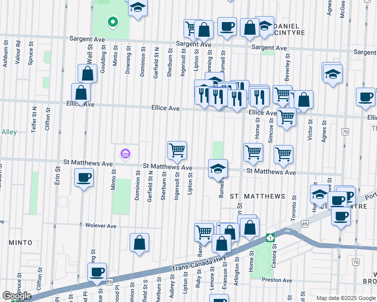 map of restaurants, bars, coffee shops, grocery stores, and more near 476 Lipton Street in Winnipeg